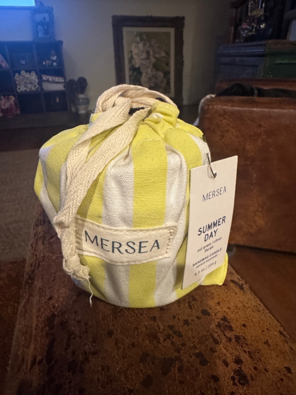 Mersea 'Summer Day' Candle & Matches w/Yellow/White Striped Drawstring Sandbag